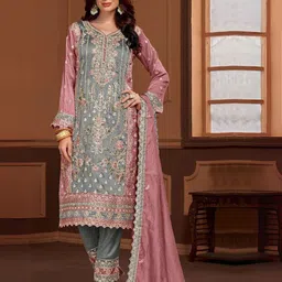 ODETTE Women Grey Silk Blend Embroidered Semi-Stitched Dress Material-image-51