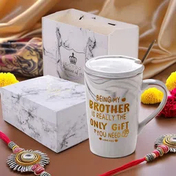 Gleevers Grey & Yellow Printed Ceramic Glossy Mug With Lid & Spoon 400 ml-46
