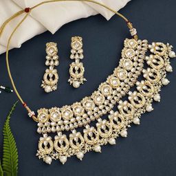Anouk Gold Plated & Floral Shaped White Kundan Stone Studded Jewellery Set with pearl drop-image-25