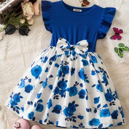 INCLUD Girls Floral Printed Flutter Sleeves Bow Fit & Flare Dress-image-58