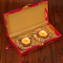Aapno Rajasthan Gold-Toned & Pink 2 Pieces Floral Tea Light Candle Holder-image-14