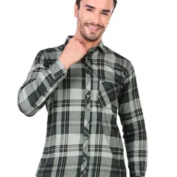 DESIGN UP Men Classic Spread Collar Tartan Checked Cotton Slim Fit Casual Shirt-image-65