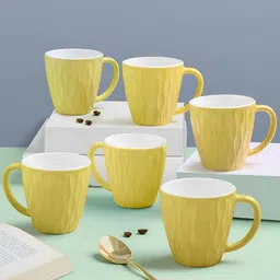 Larah by BOROSIL Yellow & White Textured Opalware Glossy Mugs Set of Cups and Mugs-5