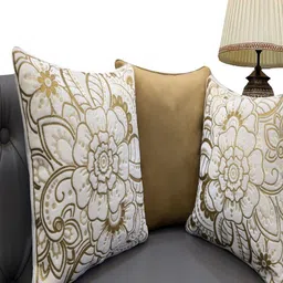 Good Vibes Gold-Toned & White 3 Pieces Floral Velvet Square Cushion Covers-picture-22