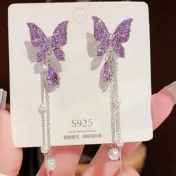 SZN Silver Plated Artificial Studded and Beaded Korean Contemporary Drop Earrings-9