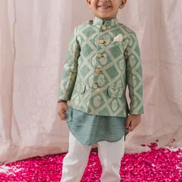 Tiber Taber Boys Woven Design Riwayat Brocade Bandhgala Ethnic Kurta & Coat With Trousers-19