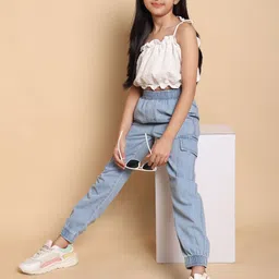 HERE&NOW Girls Embroidered Shoulder Straps Pure Cotton Top With Joggers-image-72