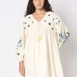 Vero Moda Women Solid Floral Embroidered Bishop Sleeve Empire Dress-image-56