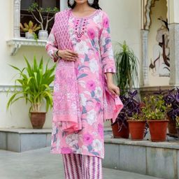 Jasoriya Women Floral Embroidered Regular Pure Cotton Kurta with Trousers & With Dupatta-32