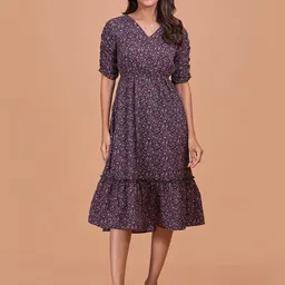 Fashfun Women Floral Print Puff Sleeve Fit & Flare Midi Dress-82