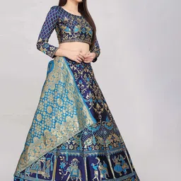 DIVASTRI Woven Design Zari Printed Semi-Stitched Lehenga & Unstitched Blouse With Dupatta image 4