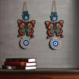 Homspurts 2-Pieces Blue & White Printed Wooden Butterfly Evil Eye Wall Hanging-13