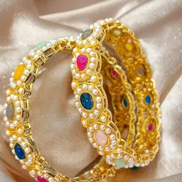 BeautyTrends Set Of 2 Gold-Plated Stone-Studded & Pearl Beaded Bangles-107