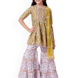 MASTARANG Girls Floral Embroidered Anarkali Kurti With Sharara And Dupatta-63