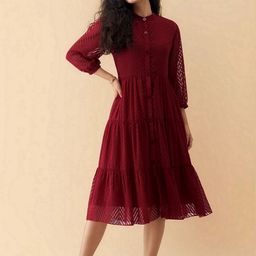 AASK Women Geometric Printed Tiered Puff Sleeve Crepe Fit & Flare Midi Dress-picture-10