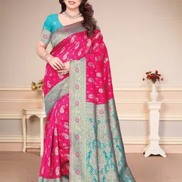 MAGNEITTA Ethnic Motifs Zari Silk Blend Banarasi Saree-image-40