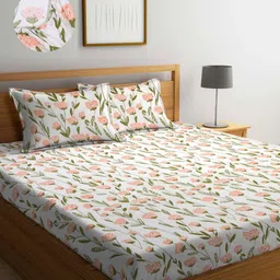 Aura Cream-Coloured & Green Floral 300 TC King Fitted Bedsheet Set 2.50 m x 2.15 m-image-42