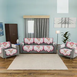 Kuber Industries White & Pink Printed Cotton Sofa Cover With Arms-image-91