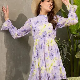 SASSAFRAS Floral Print Bell Sleeve Georgette Fit & Flare Dress-picture-46