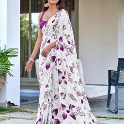 LeeliPeeri Floral Block Printed Mulmul Cotton 1-Minute Saree-image-54