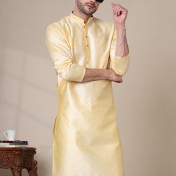 ADHIRAJAN Men Yellow Cotton Silk Kurtas-image-22