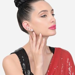AMI Set Of 2 Rose Gold-Plated Cubic Zirconia Studded Floral Shaped Ear Cuff Earrings image 4