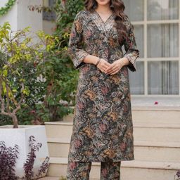 MYAZA Floral Printed V-Neck Pleated Sequinned Chanderi Silk Straight Kurta With Trouser-picture-15