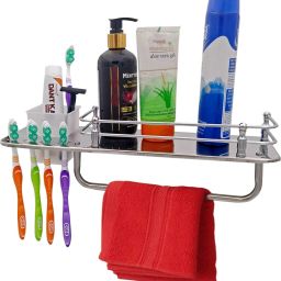 3in1 Multipurpose Bathroom Toothbrush,Tumbler & Towel Holder - Kitchen Organizer Stainless Steel Wall Shelf-image-2