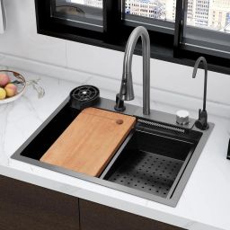 24'' x 18'' x 10'' Waterfall Sink Integrated HONEYCOMB DESIGN 304 Grade With CLASSY BLACK MATT Finish Single Bowl Multifunction Kitchen Sink Vessel Sink-image-88
