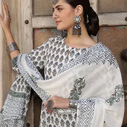 Taavi Floral Printed Pure Cotton Hand Block Print Kurta With Trousers & Dupatta-picture-3