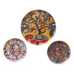 Amaya Decors 3Pcs Red & Blue Elephant & Fish Metal & Meena Wall Plates-image-43