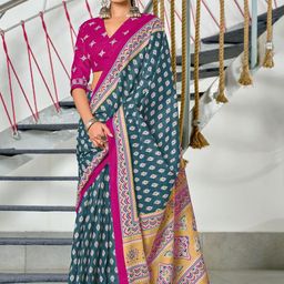 Suha Teal Pure Cotton Printed Block Print Sarees-picture-49