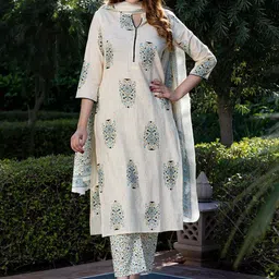KALINI Floral Printed Notch-Neck Straight Pure Cotton Kurta With Trousers And Dupatta-image-80