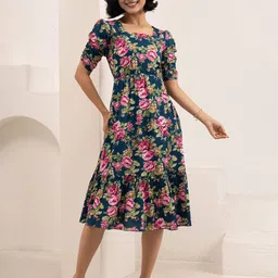 DressBerry Women Floral Printed Square Neck Fit & Flare Midi Dress-image-40