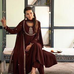 Colorsof Earth Ethnic Motifs Yoke Design Anarkali Kurta with Trousers & Dupatta-image-96