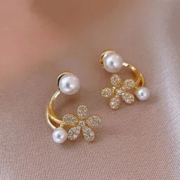 GOLDIWALA Korean Gold-Plated Artificial Stones Studded & Pearls Beaded Floral Shaped Studs-picture-11