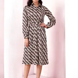 ASILYN Printed Tie-Ups Details Satin Shirt Midi Dress-image-34