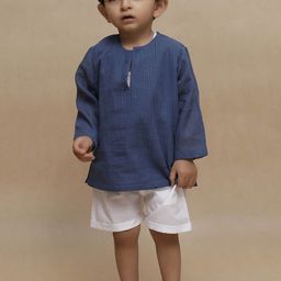TJORI Boys Checked Woven Design Round Neck Pure Cotton Straight Kurta With Shorts-46