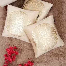 Myntra Elegant Homes Cream-Coloured 3 Pieces Ethnic Motifs Velvet Square Cushion Covers-image-72
