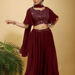 SANCIA Floral Embroidered Georgette Top With Palazzo & Dupatta-picture-33
