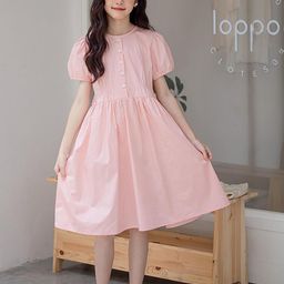 LULU & SKY Girls Cotton Puff Sleeve Fit & Flare Midi Dress-image-61
