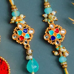 eCraftIndia Set of 2 Kundan Stones Studded And Beaded Floral Rakhi-image-36