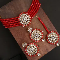 EVY Gold Plated Kundan Studded & Beaded Choker Jewellery Set-53