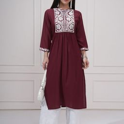Vishudh Floral Embroidered Round Neck Thread Work Pleated Straight Kurta-23