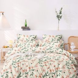 Myntra Elegant Homes White & Green Floral 350 TC King Bedsheet with 2 Pillow Covers-image-67