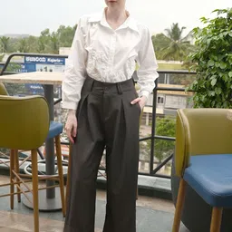 ODETTE Women Dark Grey Polyester Twills Solid Wide Leg Trouser-image-40
