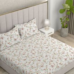 Pure Decor White & Pink Floral 130 TC Queen Bedsheet with 2 Pillow Covers-picture-23
