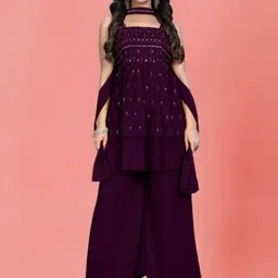 PARROT CREATION Embroidered Straight Sequinned Kurti With Palazzos And Dupatta-image-14