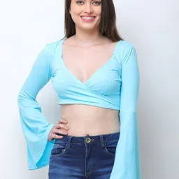 CORSICA Women Flared Sleeves Cotton Wrap Crop Top-image-37