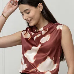 PURYS Women Printed Sleeveless Cowl Neck Satin Top-image-31